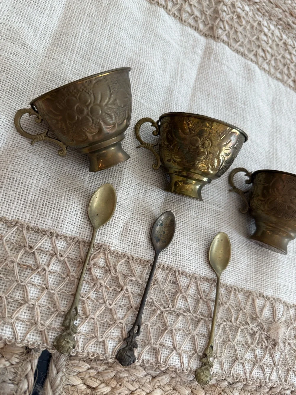 Vintage Floral Embossed brass Tea Cups with Spoons - Picture 2 of 10
